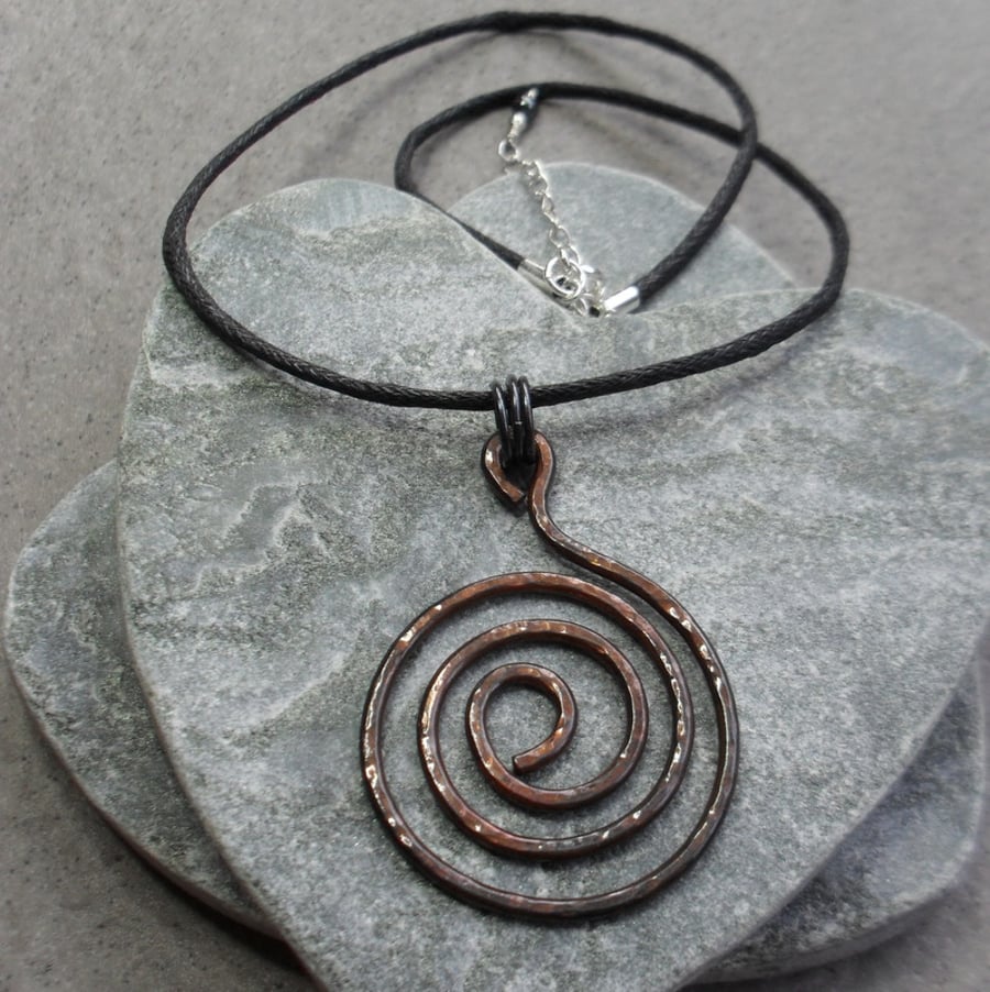 Spiral Oxidised Copper Pendant With Cotton Cord and Sterling Silver Clasp