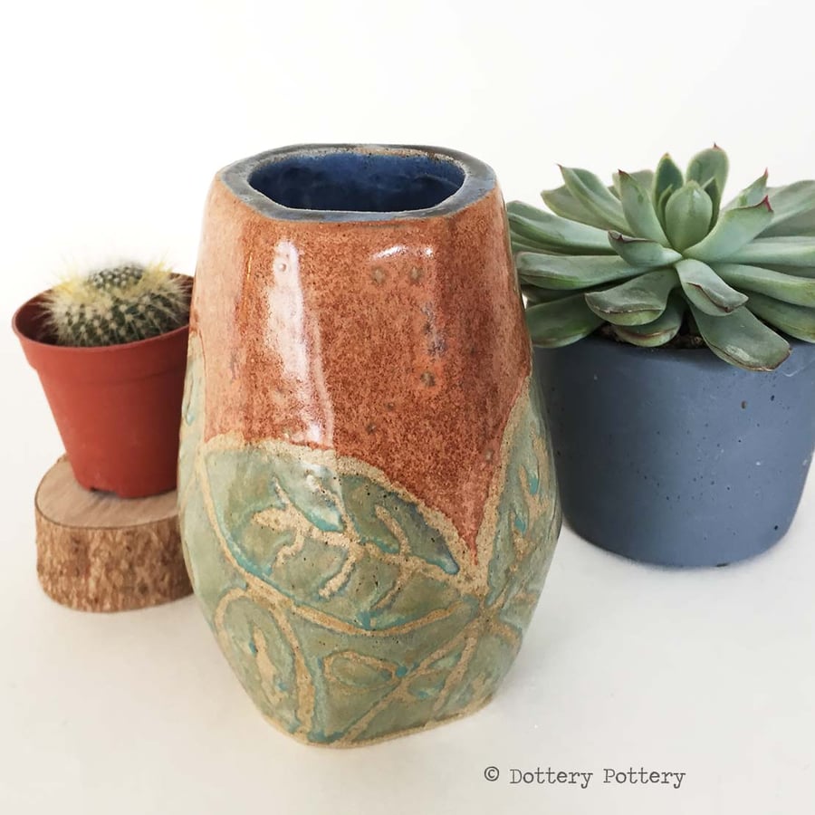 65% OFF Hand built ceramic vase. Stoneware leaf design in green, orange and blue