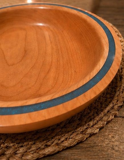 Handturned cherry bowl with blue resin inlay