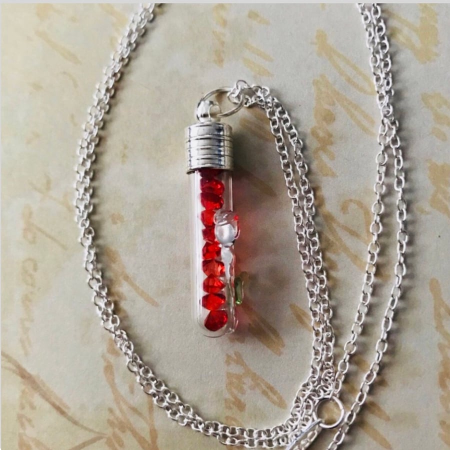 Rose Vial Pendant Necklace With Encased Crystals