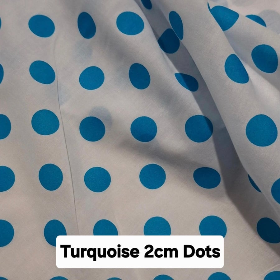 1 Metre Turquise  2cm Polka Dots Lightweight Poycotton Fabric 1.12m Wide