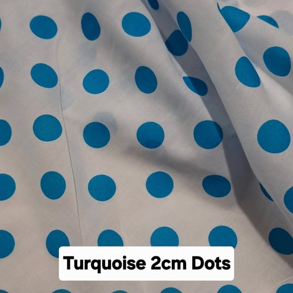 1 Metre Turquise Polka Dots Lightweight Poycotton Fabric 1.12m Wide