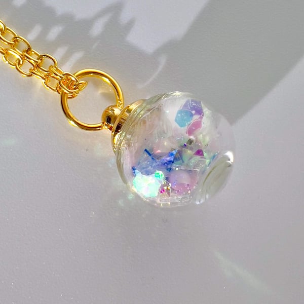 Iridescent Fairy Dust Glass Globe Pendant Necklace, Glow in the Dark