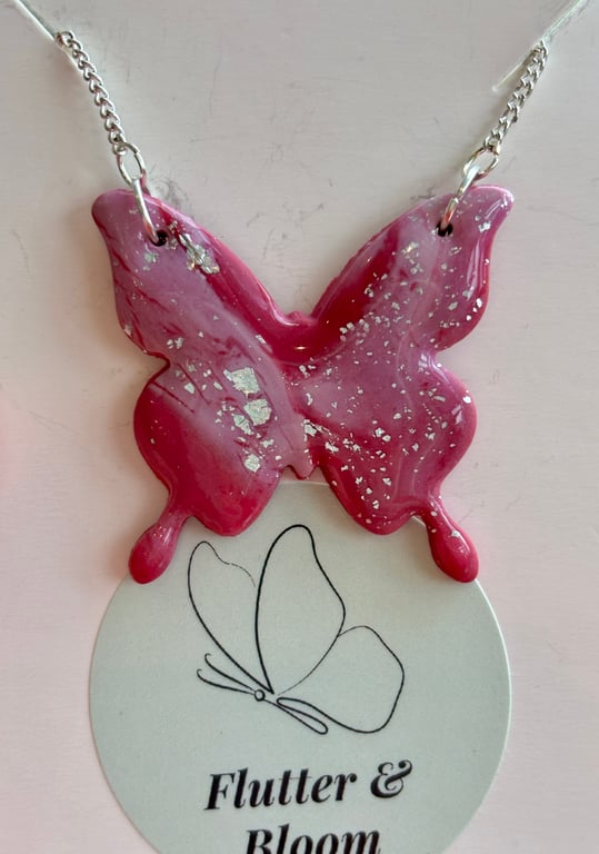 Rose Nebula – Pink Butterfly Necklace with Silver Flakes