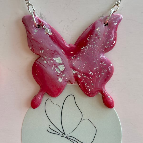 Rose Nebula – Pink Butterfly Necklace with Silver Flakes