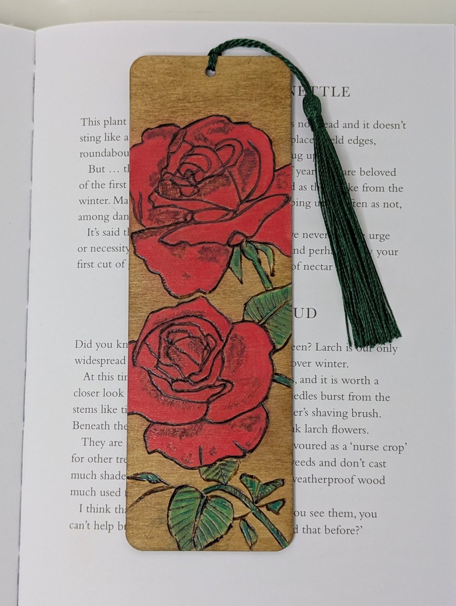 Red rose wooden bookmark, pyrography, gift for her