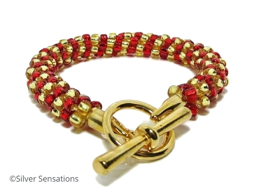 Red & Gold Banded Stripe Kumihimo Bracelet - Seed Bead Fashion Bracelet