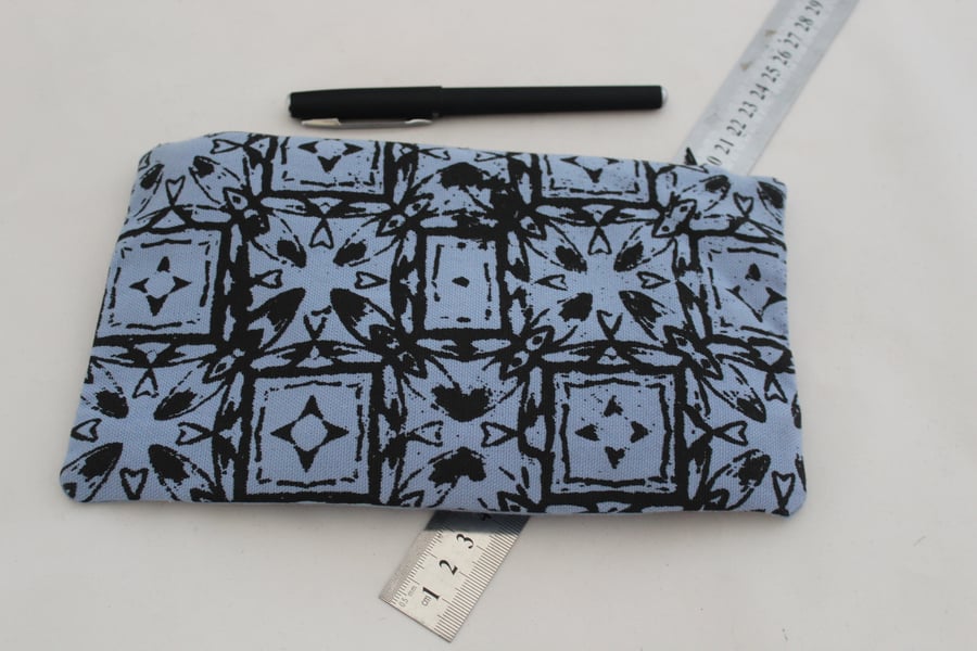 Blue makeup bag, hand printed geometric print,Eco bag,pouch,pencil case