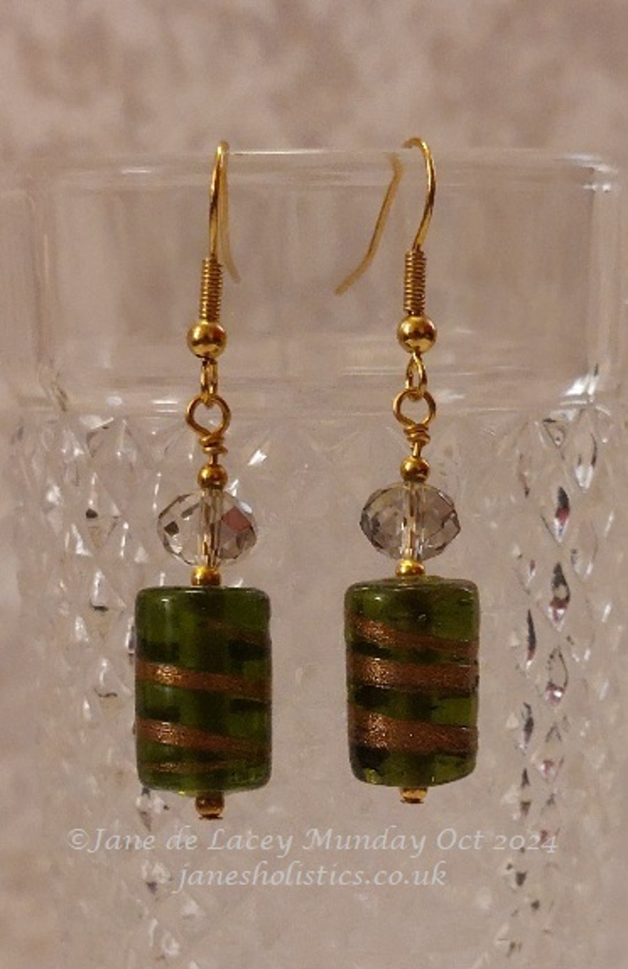 Green and bronze lampwork glass bead Drop Earrings