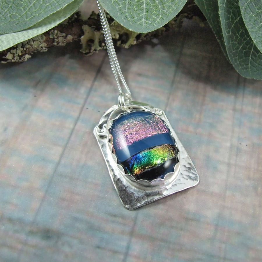 Aurora Seascape Necklace, Sterling Silver and Glass Artisan Pendant 