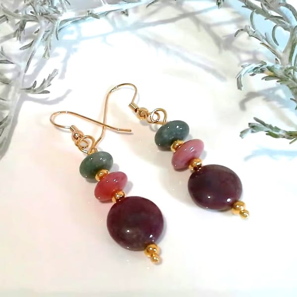 Fancy Jasper  &  Toffee Agate Gold Plate Earrings