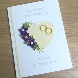 Quilled handmade wedding congratulations card - personalised