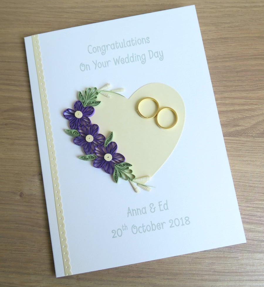 Quilled handmade wedding congratulations card - personalised