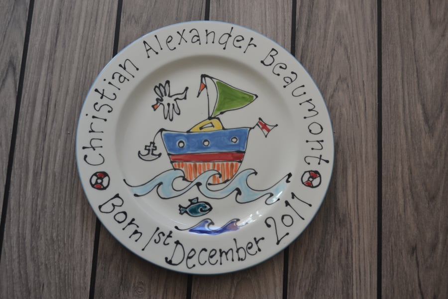 Hand painted personalised child's gift boat plate for Birthdays or Christenings