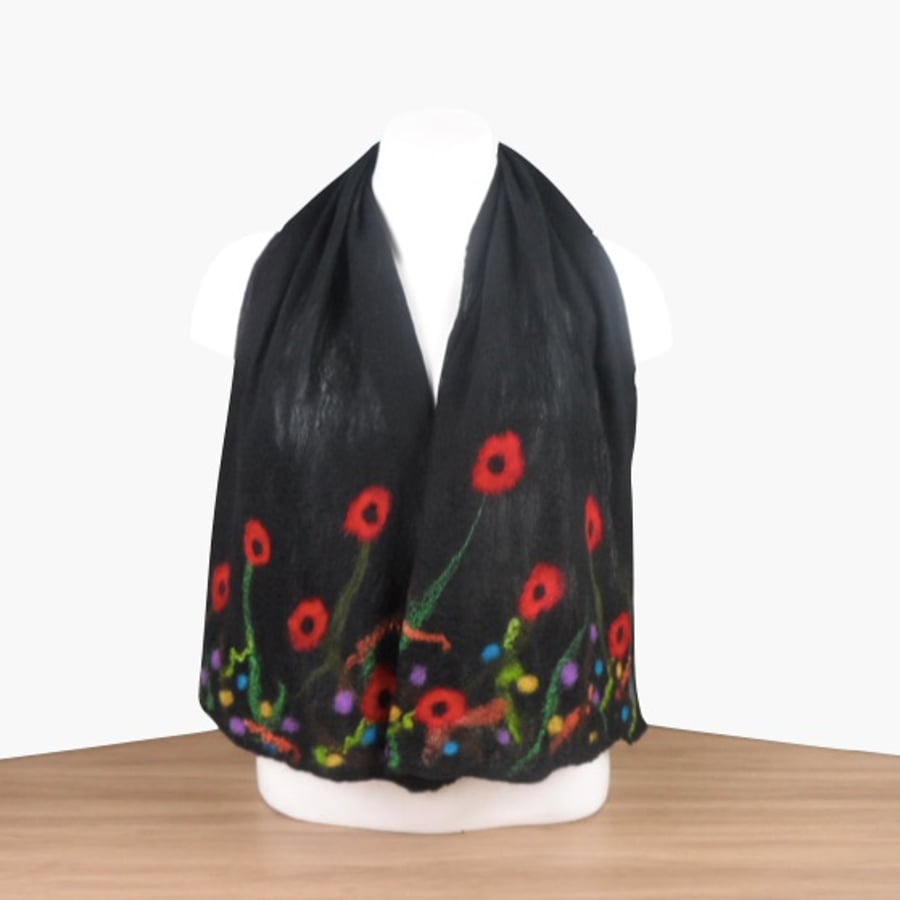 Black poppy nuno felted scarf in a gift box