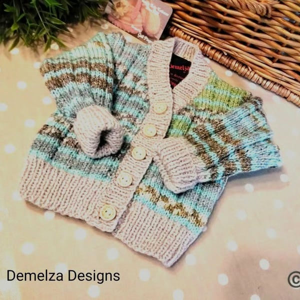 Designer Hand knitted Baby Cardigan with Merino Wool & Cotton 3-9 months