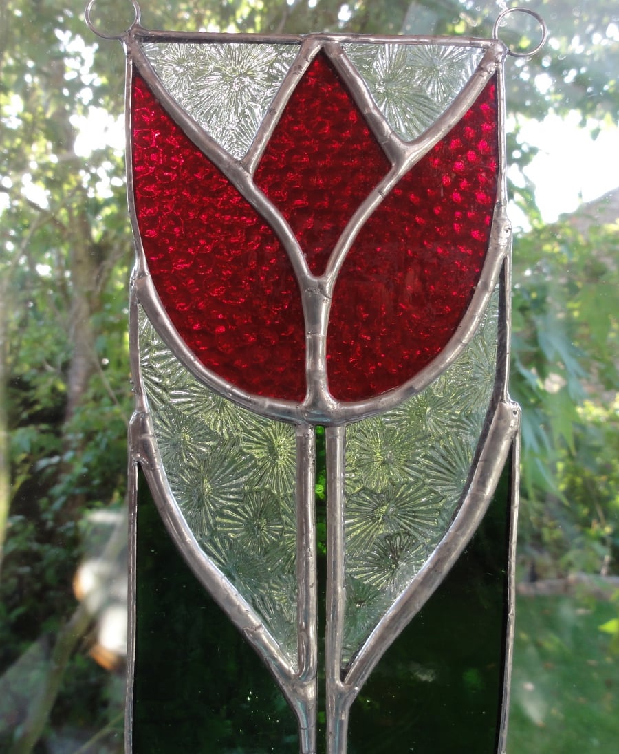Stained Glass Tulip Panel Suncatcher - Red