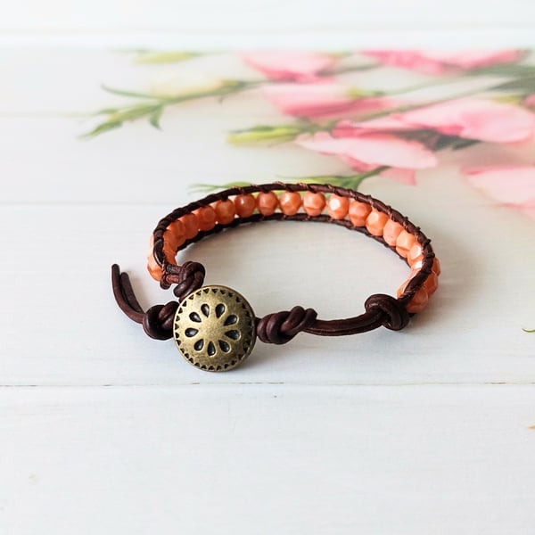Peach Bead Leather Wrap Bracelet
