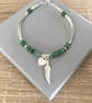 Green Emerald Gemstone Noodle Bracelet, Sterling Silver Feather Charm Bracelet - Image 4
