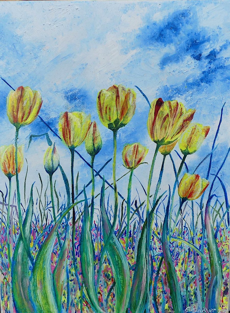 Tulip Flower Landscape Original Oil Painting