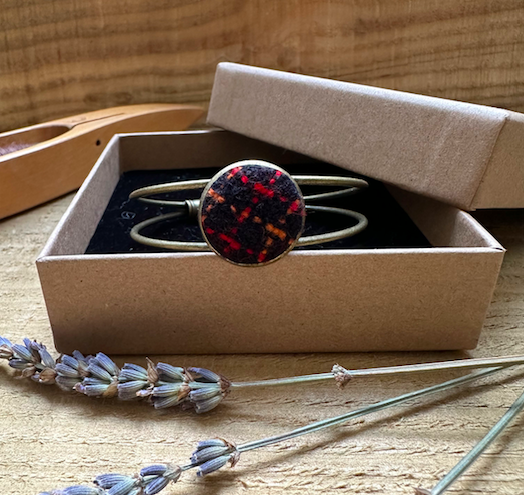 Bangle with Hand Dyed & Woven British Wool Black, Red & Orange Check Bracelet 