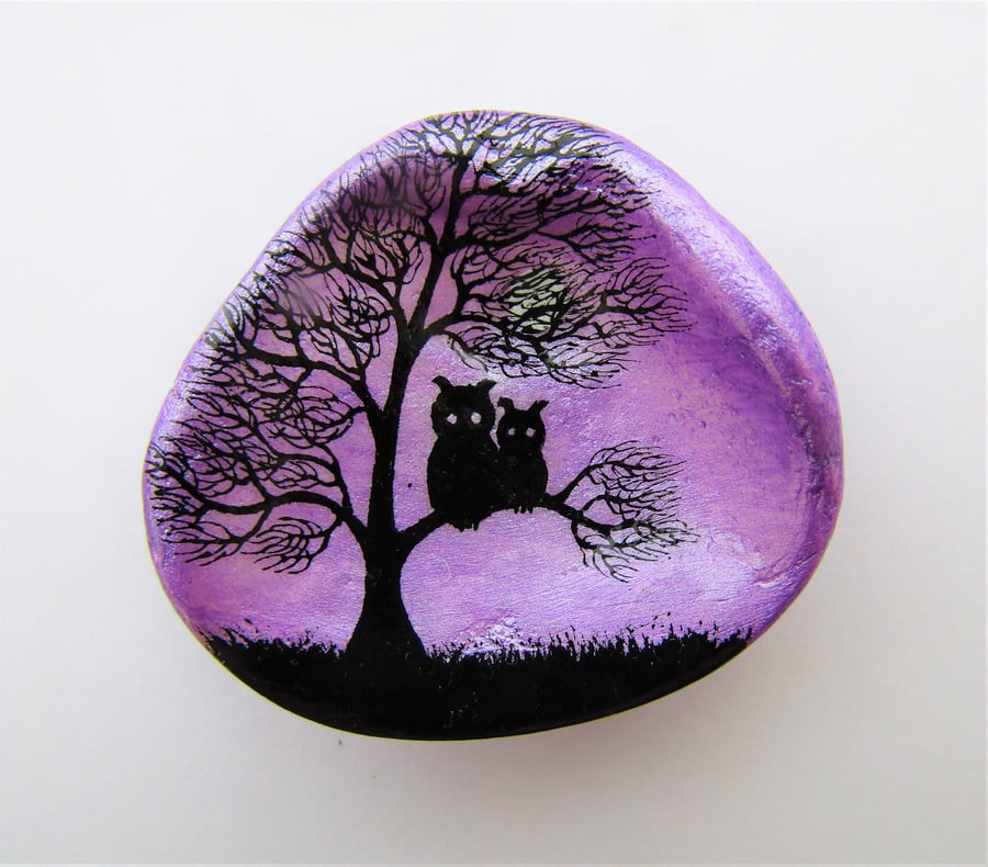 Owl Painting on Shell, Unique Daughter Mother Gift, Tree Two Owls, Purple Art