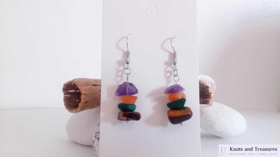 Natural Gemstone Crystal Earrings; Amethyst, Carnlelian, Malekite, Amazonite