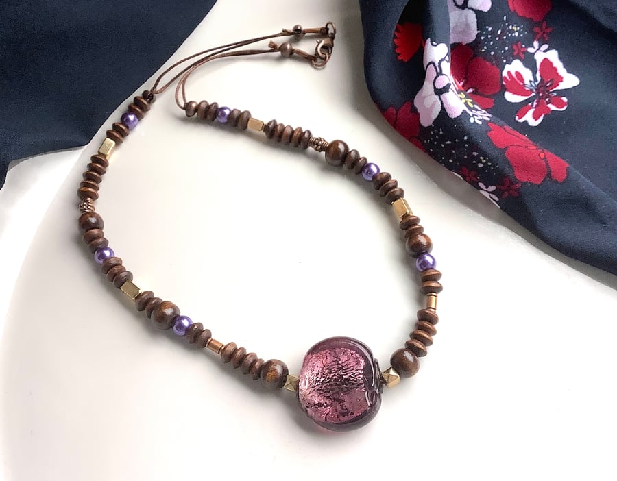 Wooden bead necklace with chunky purple up cycled feature bead, boho chic