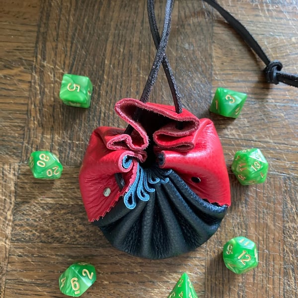 Dice bag and or coin purse - multi-coloured made with Red and Black Leather