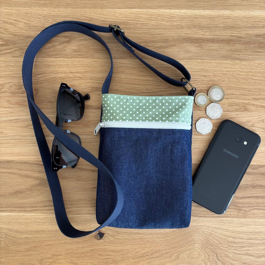 Fabric crossbody bag, phone bag, dark blue denim with an adjustable strap