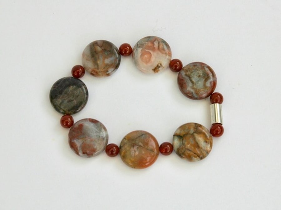 Crazy Agate and Carnelian Stretch Bracelet with Sterling Silver
