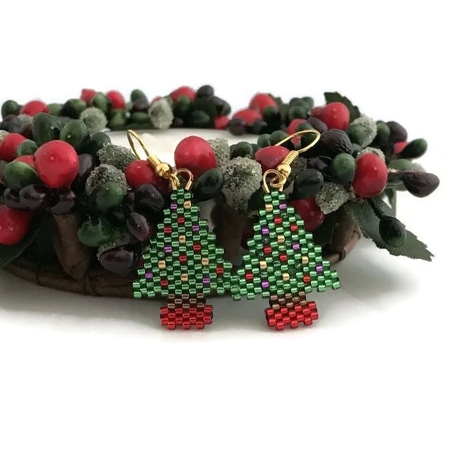 Christmas Tree Earrings, Bead Weave Festive Earrings