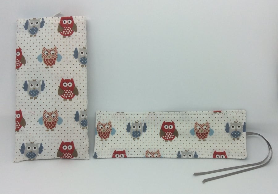 Beautiful bundle, Glasses Case and matching bookmark, Owl Fabric