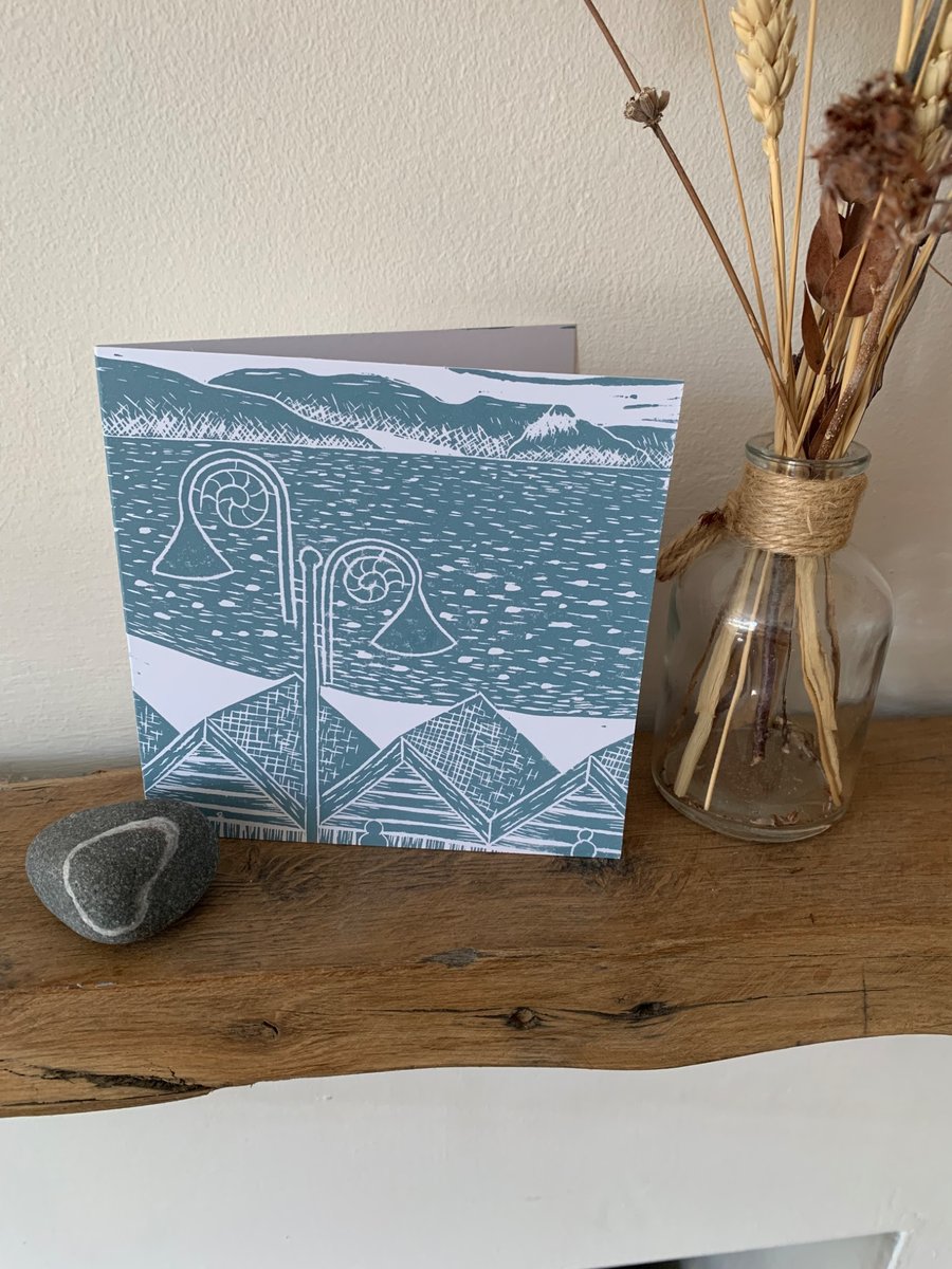 Small Lino print card of Lyme bay