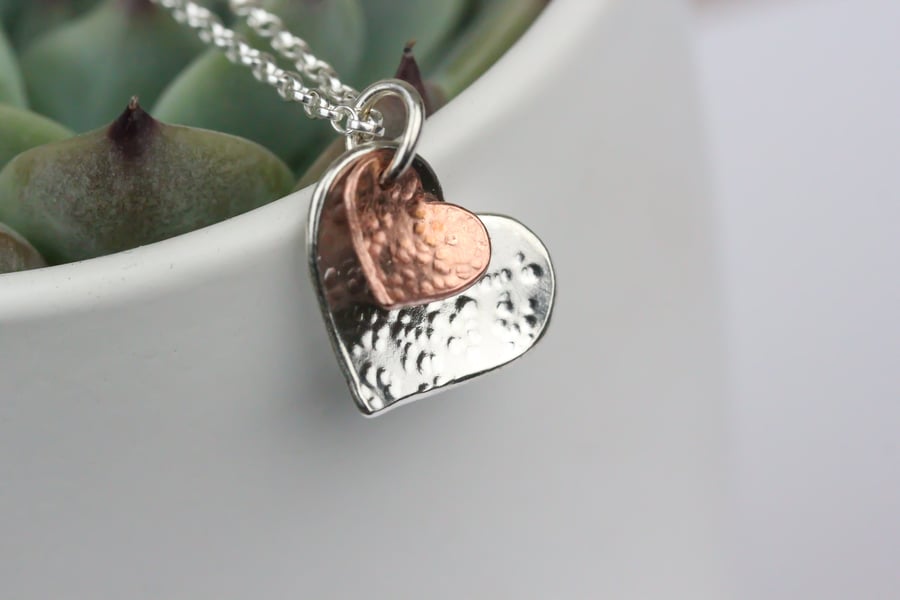 Two heart silver and copper necklace - mother and child, mothers day, couple