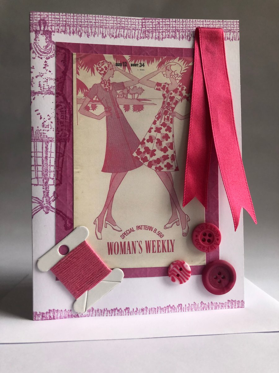 Retro Dress Pattern Embellished Blank Sewing Birthday Card Woman's Weekly 568