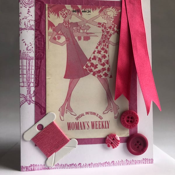 Retro Dress Pattern Embellished Blank Sewing Birthday Card Woman's Weekly 568