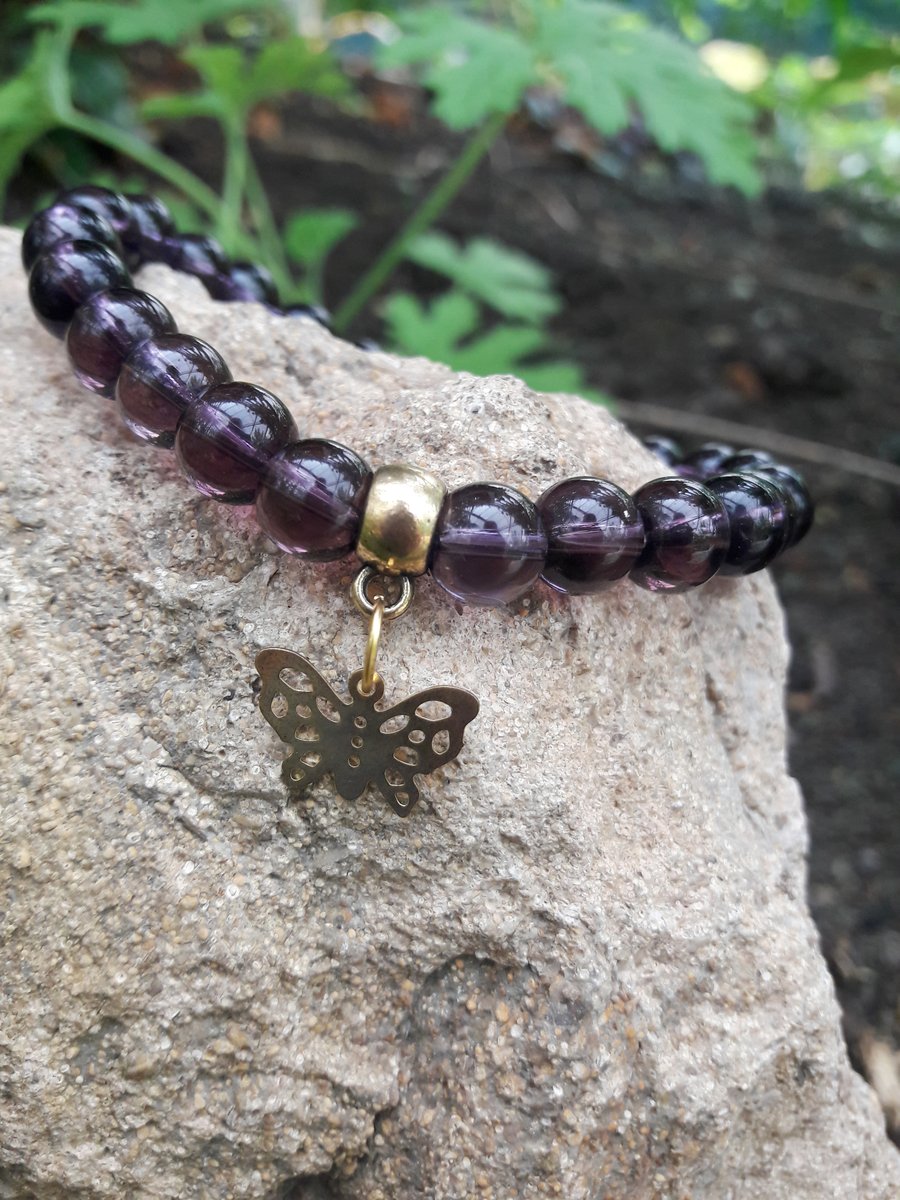 Deep Purple Stretch Bracelet with butterfly charm