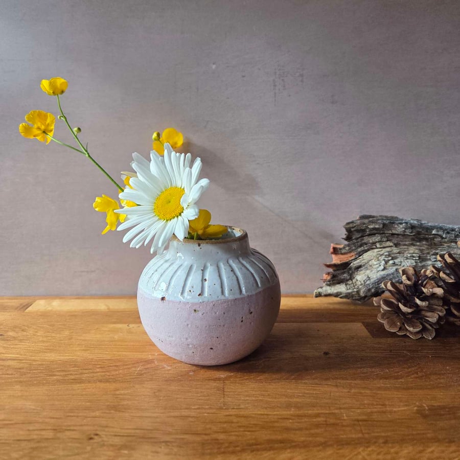 Wheel thrown Handmade Vase - Pink and white incised small bud vase