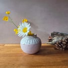 Pink and white incised handmade stoneware bud vase