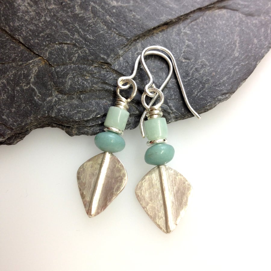 Silver and teal amazonite leaf spear earrings