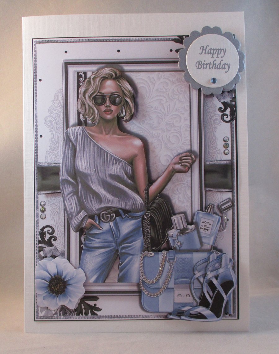 Handmade 3D  Fashionable,Modern Girly, blue ,  Birthday Card, handbag, Personali