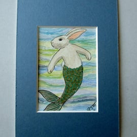 Merbunny Mermaid Bunny Rabbit ACEO original miniature painting in mount