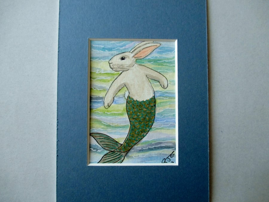 Merbunny Mermaid Bunny Rabbit ACEO original miniature painting in mount
