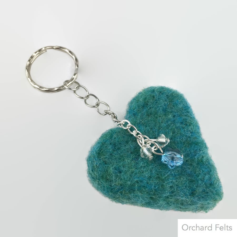 Keyring, needle felted turquoise heart with Swarovski embellishments SALE