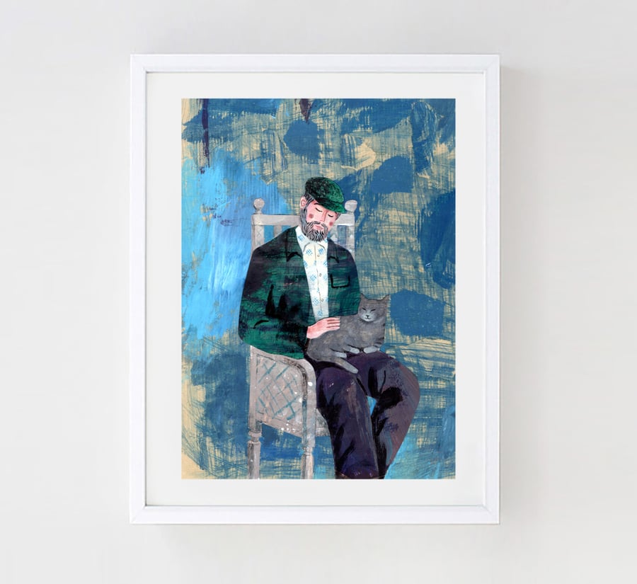 Illustration Art print, Man With a Cat A3 (16.54 in by 11.69 in) Art Print 