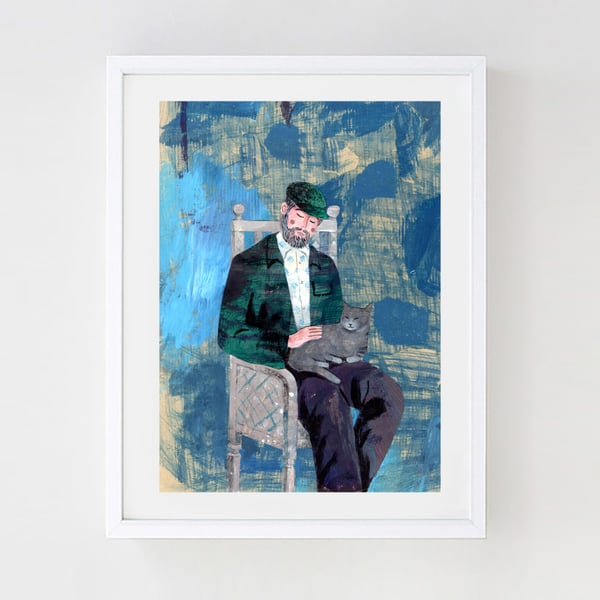 Illustration Art print, Man With a Cat A3 (16.54 in by 11.69 in) Art Print 