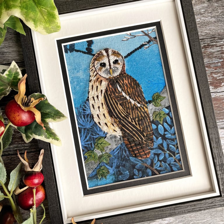Textile art, tawny owl picture, fabric owl, gift for bird lover, gift for mum