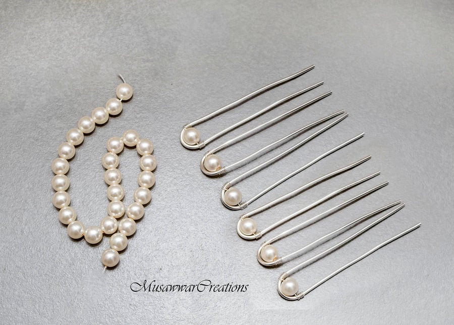 6 off white beads Hair pins, Bun Pins, Hair slides, Hair pin,6 pieces 