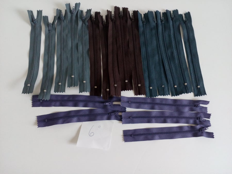 Zip, pk of 20 assorted 6" zips, brown, grey, teal, purple, zip, 6" zip, 15cm zip